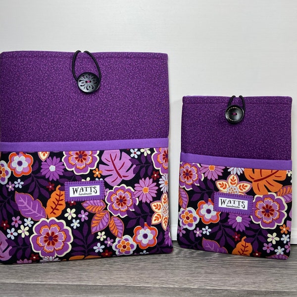 Purple & Orange Tropical Print Padded Book Sleeve with Pocket, Book Cover, E-Reader Cover, Book Protector