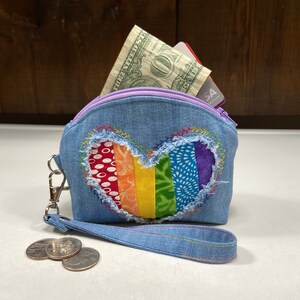 Patchwork Rainbow Heart and Denim Coin Purse with Matching Wristlet Strap, Rounded Zippered Pouch