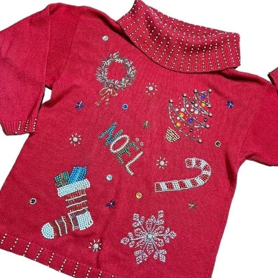 Vtg Victoria Jones Christmas Sweater Womens L Beaded Embellished Merry Holiday