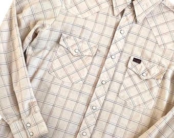 Vintage Wrangler Pearl Snap Western Shirt M Beige Cowboy Ranch USA Plaid
