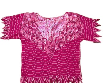 Vintage Dominique Silk Sequin Beaded Top Womens S Magenta India Scallop Hem 80s