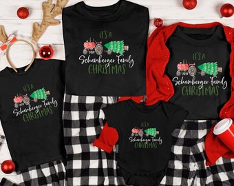 Personalized Matching Family Christmas Pajamas T-shirt, Vintage Truck Holiday Pajamas Tee Farm Christmas tractor 2021 pajamas Christmas Gift
