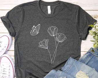 Poppy Rose T-Shirt: Floral Butterfly Graphic Tee