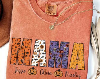 Witch Shirt Mama And Children Names Tee, Vintage Halloween Graphic, Comfort Colors, Custom Sizes