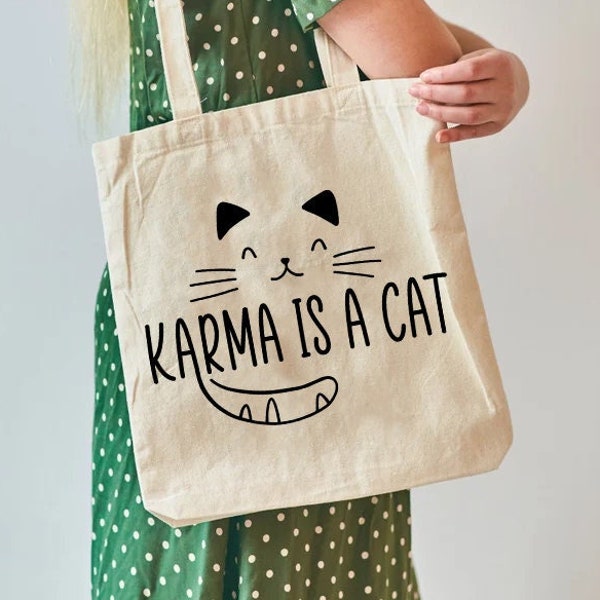 Carma Is A Cat Tote Bag, Cat Lover Tote Bag, Reusable Grocery Tote Bag, Tote Bag Aesthetic, School Tote Bag, Spring Teachers Tote Bag