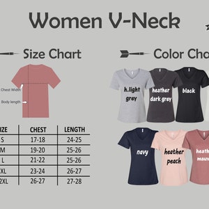 May include: Size chart for women's V-neck shirts with measurements in inches. The chart shows chest and length measurements for sizes S, M, L, XL, and 2XL. Color chart shows different colors available: h.light grey, heather dark grey, black, white, navy, heather peach, and heather mauve.
