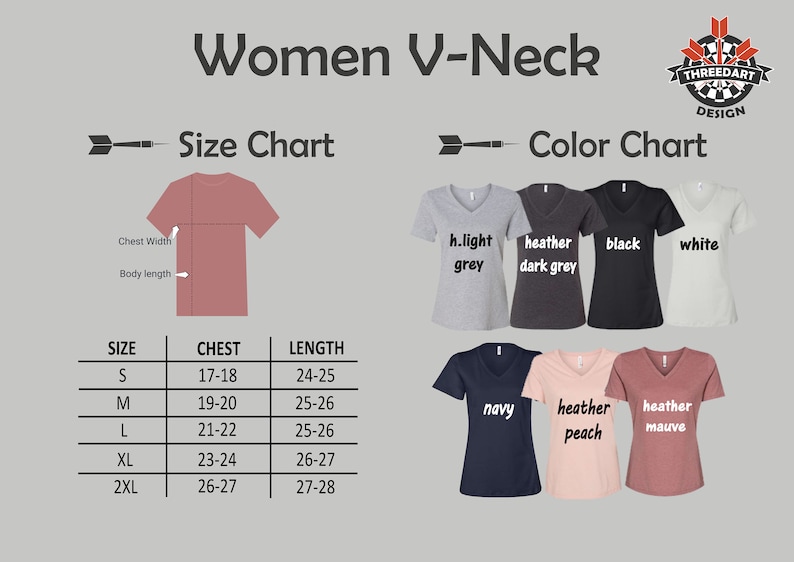 May include: Size chart for women's V-neck shirts with measurements in inches. The chart shows chest and length measurements for sizes S, M, L, XL, and 2XL. Color chart shows different colors available: h.light grey, heather dark grey, black, white, navy, heather peach, and heather mauve.