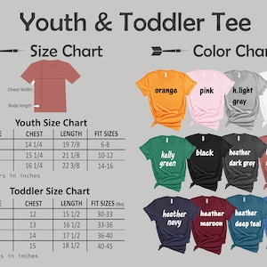 May include: Youth and toddler size chart for t-shirts with color options. The chart shows chest and length measurements in inches, along with corresponding age ranges and weight recommendations. Color options include orange, pink, light grey, white, kelly green, black, heather dark grey, heather mauve, heather navy, heather maroon, heather deep teal, and heather c. blue.