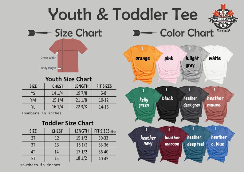 May include: Youth and toddler size chart for t-shirts with color options. The chart shows chest and length measurements in inches, along with corresponding age ranges and weight recommendations. Color options include orange, pink, light grey, white, kelly green, black, heather dark grey, heather mauve, heather navy, heather maroon, heather deep teal, and heather c. blue.