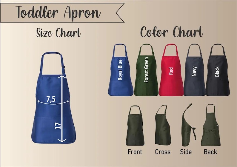 May include: A toddler apron size chart with measurements of 7.5 inches wide and 17 inches long. Color options include Royal Blue, Forest Green, Red, Navy, and Black. The apron is shown from the front, cross, side, and back.