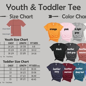 May include: Size chart for youth and toddler t-shirts. The chart shows chest and length measurements in inches, as well as corresponding age ranges. The color chart shows a variety of t-shirt colors, including orange, pink, light grey, white, black, heather dark grey, heather mauve, heather navy, heather maroon, heather deep teal, and heather c. blue.