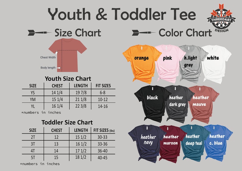 May include: Size chart for youth and toddler t-shirts. The chart shows chest and length measurements in inches, as well as corresponding age ranges. The color chart shows a variety of t-shirt colors, including orange, pink, light grey, white, black, heather dark grey, heather mauve, heather navy, heather maroon, heather deep teal, and heather c. blue.