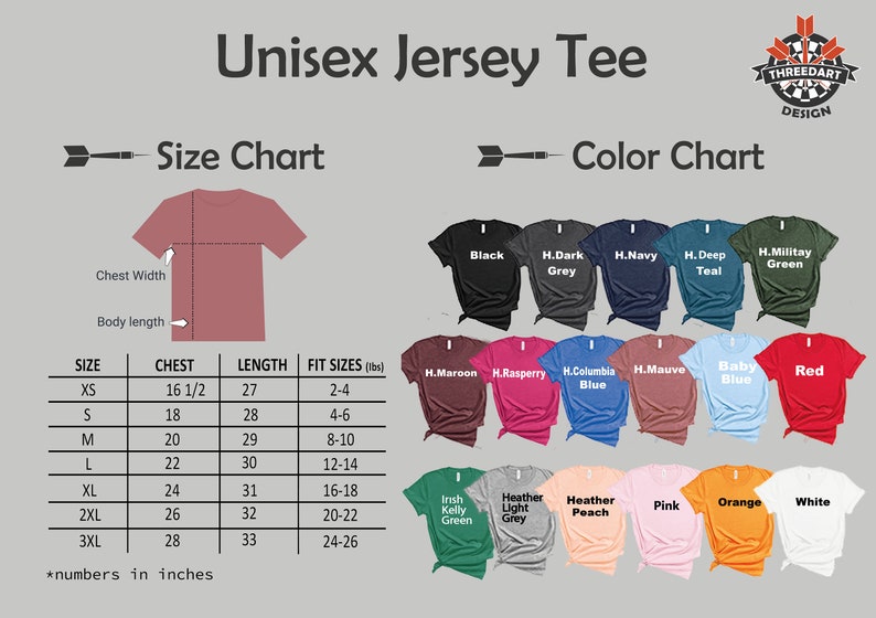 May include: Unisex jersey tee size chart with measurements in inches and fit sizes in pounds. Color chart shows 18 different colors of t-shirts.