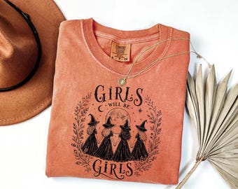 Girls Will Be Girls Witch Shirt, Vintage Witchy Halloween Tee, Moon Phase Coven Shirt, Comfort Colors 1717 Halloween Shirt