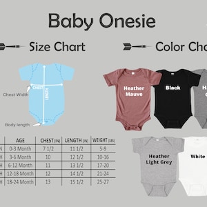 Op de afbeelding: Maattabel voor baby onesies met metingen in inches en ponden. De tabel toont de maat, leeftijd, borst, lengte en gewicht. De onesies zijn verkrijgbaar in de volgende kleuren: Heather Mauve, Zwart, Heather Dark Grey, Heather Light Grey en Wit.