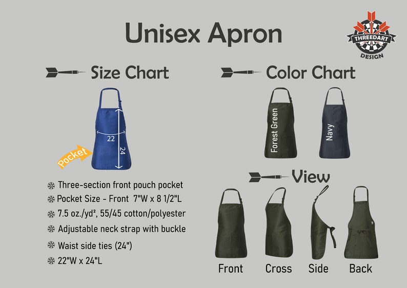 May include: A unisex apron with a three-section front pouch pocket. The apron is 22 inches wide and 24 inches long. The apron is available in navy and forest green. The apron has adjustable neck straps with a buckle and waist side ties that are 24 inches long.