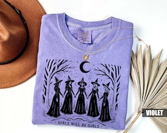 Girls Will Be Girls Witch Shirt, Vintage Witchy Halloween Tee, Moon Phase Coven Shirt, Comfort Colors 1717 Halloween Shirt