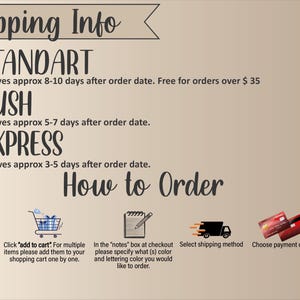 May include: A beige graphic with the text "Shipping Info" and "How to Order". It details shipping options: Standard, Rush, and Express. Instructions include selecting design, adding to cart, specifying color, choosing shipping, and payment.
