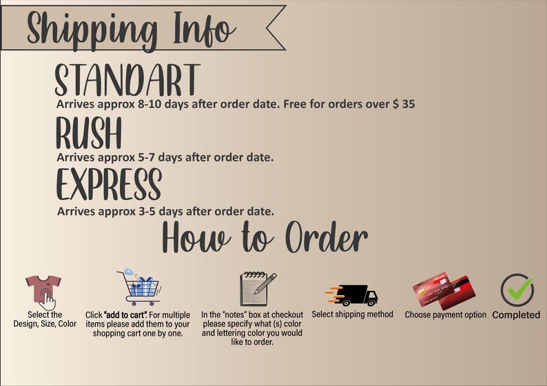 May include: A beige graphic with the text "Shipping Info" and "How to Order". It details shipping options: Standard, Rush, and Express. Instructions include selecting design, adding to cart, specifying color, choosing shipping, and payment.