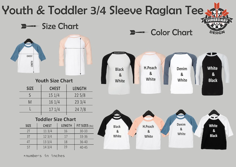 以下が含まれることがあります： 子供用と幼児用の3/4袖ラグランTシャツのサイズ表です。表には、胸囲と着丈の寸法がインチで表示されています。カラーチャートには、黒と白、桃と白、デニムと白、白と黒の4つの異なる色の組み合わせが表示されています。