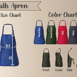 May include: A size and color chart for youth aprons. The size chart shows a blue apron with dimensions of 8.5 inches wide and 21 inches long. The color chart displays aprons in Royal Blue, Forest Green, Red, Navy, and Black.
