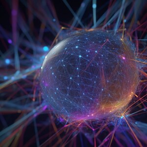 May include: Digital artwork depicting a central, glowing sphere connected by a network of lines and dots. The sphere and lines are in shades of blue, purple, orange, and yellow against a dark backdrop, creating a futuristic aesthetic.