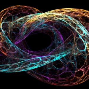 以下が含まれることがあります： 抽象的なデジタルアート作品。相互接続された三次元の形状が特徴です。これらの形状は、オレンジ、黄色、紫、ターコイズの色合いで、複雑なウェブのような構造で構成されており、黒い背景に配置されています。このアートワークは、複雑さと奥行きを連想させます。