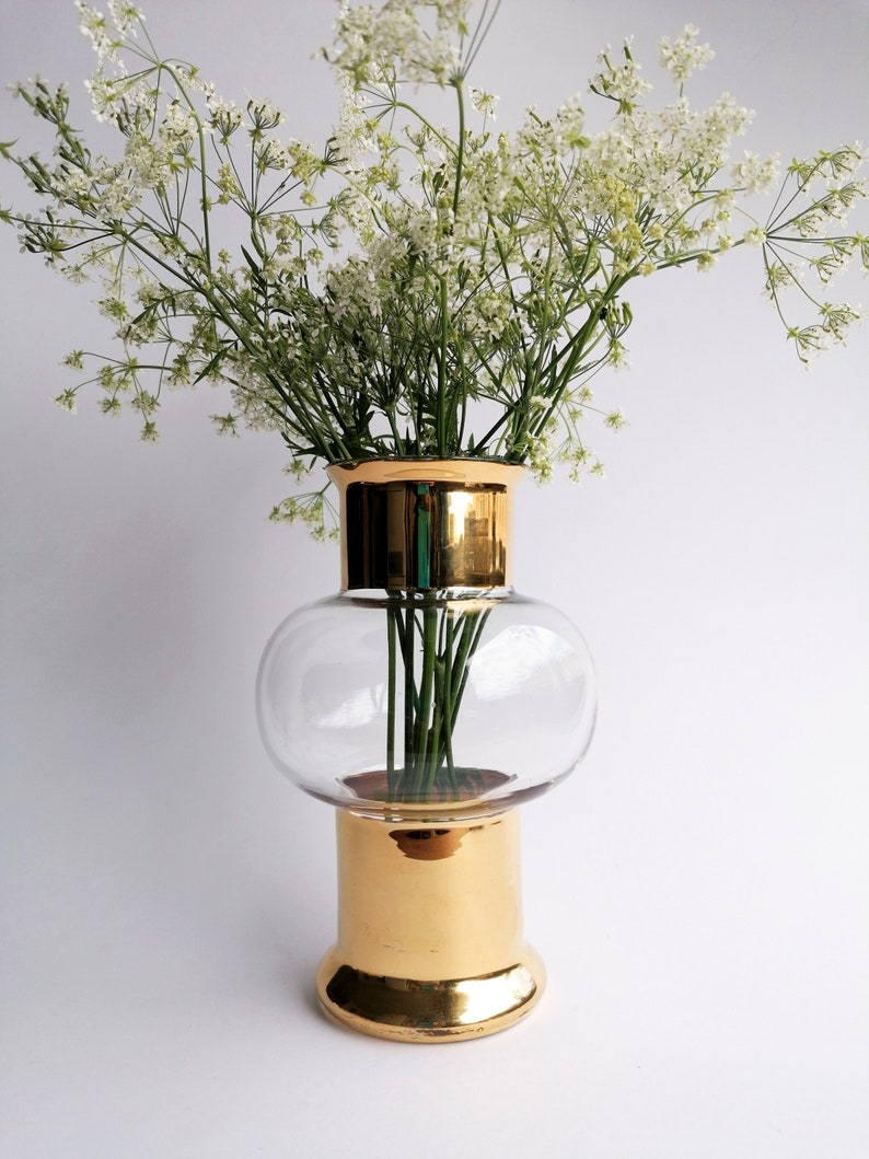 Gold glass flower vase by Swedish Sea Glasbruk / Vintage Etsy