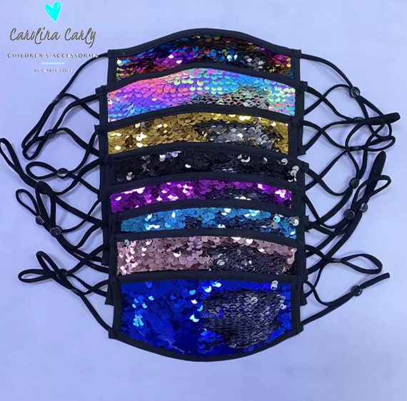 Kids Sequin Sparkly Face Mask in Black Blue Gold Rainbow Etsy