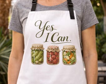 Yes I Can Apron, Rustic Canning Apron with Mason Jar Design, Cottagecore Kitchen Gift, Vintage Homesteader Cooking Apron with Pockets