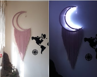 Crescent Moon 24",20",16"/Magic moon/Luminous month/Dreamcatcher White Black/ Decor Fairy Light Dreamer with Macrame Tail/ Moon wall hanging