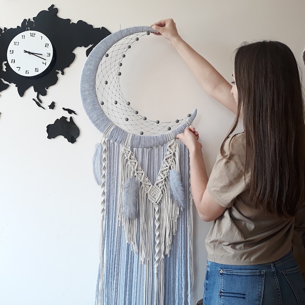 Luna creciente de macramé/Atrapasueños/Colgante de pared de macramé con forma de luna/Colgante de pared con atrapasueños/Atrapasueños bohemio/Decoración