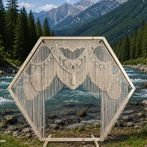 May include: A large, off-white macrame tapestry featuring intricate knotted patterns and long, flowing fringe, suspended within a sturdy, light-colored wooden hexagonal frame that stands on a flat, horizontal base for stability.