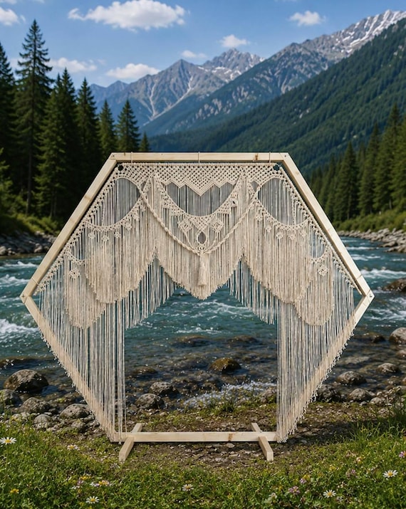 Hexagon Wooden Arch+Macrame / Wedding Backdrop/Rustic Wedding Decor/ Wedding Decor Natural Wood/ Wooden Wedding Arch