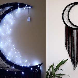 Crescent Moon 24",20",16"/Magic moon/Luminous month/Dreamcatcher White Black/ Decor Fairy Light Dreamer with Macrame Tail/ Moon wall hanging