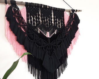 Colgante de pared de macramé negro grande/tapiz de pared/colgante de pared tejido/arte de pared/decoración de pared Boho/tapiz de pared/telón de fondo de boda