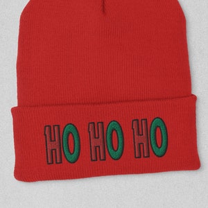Christmas beanie, ho ho ho knit cap, embroidered, Christmas gift, holiday hat, festive cuffed cap, santa claus,  Free Shipping in USA