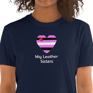 Leather Sisters shirt with a gay theme, fun design, Gay Pride, LGBT queer design, rainbow design. Gilden brand shirt