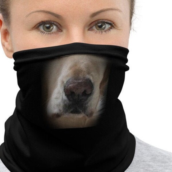 Puppy Face neck gaiter scarf with Golden Retriever face graphic design, face shield for social distancing, headband, bandana. .