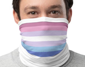 May include: A white face mask with a multi-colored striped pattern. The pattern features pink, white, light blue, and dark blue stripes.