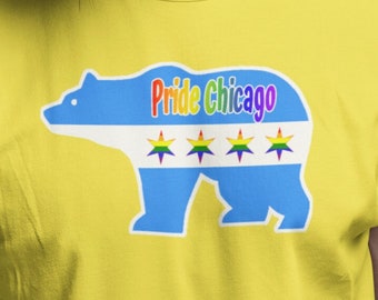 Chicago Pride: Get Your Gay Bear Flag Tee Today! Gay Pride and Chicago Flag mash-up design, Bear Pride shirt, show your bear pride.