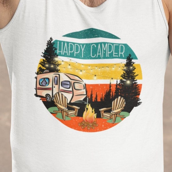 Happy Camper shirt or tank top with Camping by the lake scene. Everyone's a happy camper wearing these shirts. Great for weekend group fun.