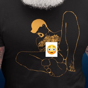 Gay art shirt of a Sexy Bearded man wearing a cap and legs spread. Pop Art style. Hairy chest, Bearded in vivid colors. Original gay artwork