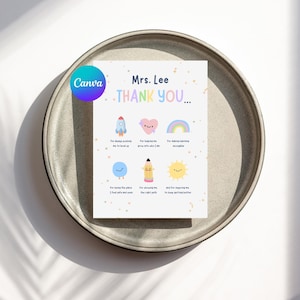 May include: A thank you card for Mrs. Lee, with a colourful design including a rainbow, rocket, heart, and sun illustrations. The card has the text "THANK YOU" in pastel colours and is on a grey plate.