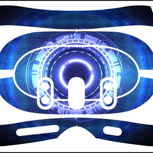 May include: A blue and black vinyl skin decal for the Meta Quest 3 VR headset. The design features a futuristic, circular pattern with glowing blue accents. The decal includes separate pieces for the headset, controllers, and straps.