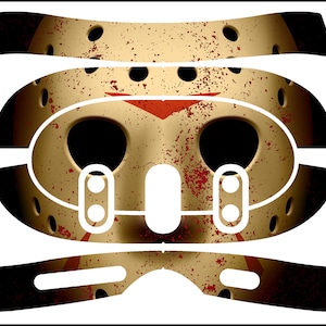 May include: A set of vinyl skins for the Meta Quest 3 VR headset, featuring a bloody hockey mask design. The skins include a full faceplate, two side panels, and two controller covers. The design is inspired by the horror movie character Jason Voorhees.