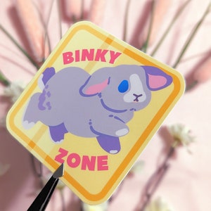 May include: A yellow and orange square sticker with a cartoon bunny rabbit. The sticker says "BINKY ZONE" in pink letters.