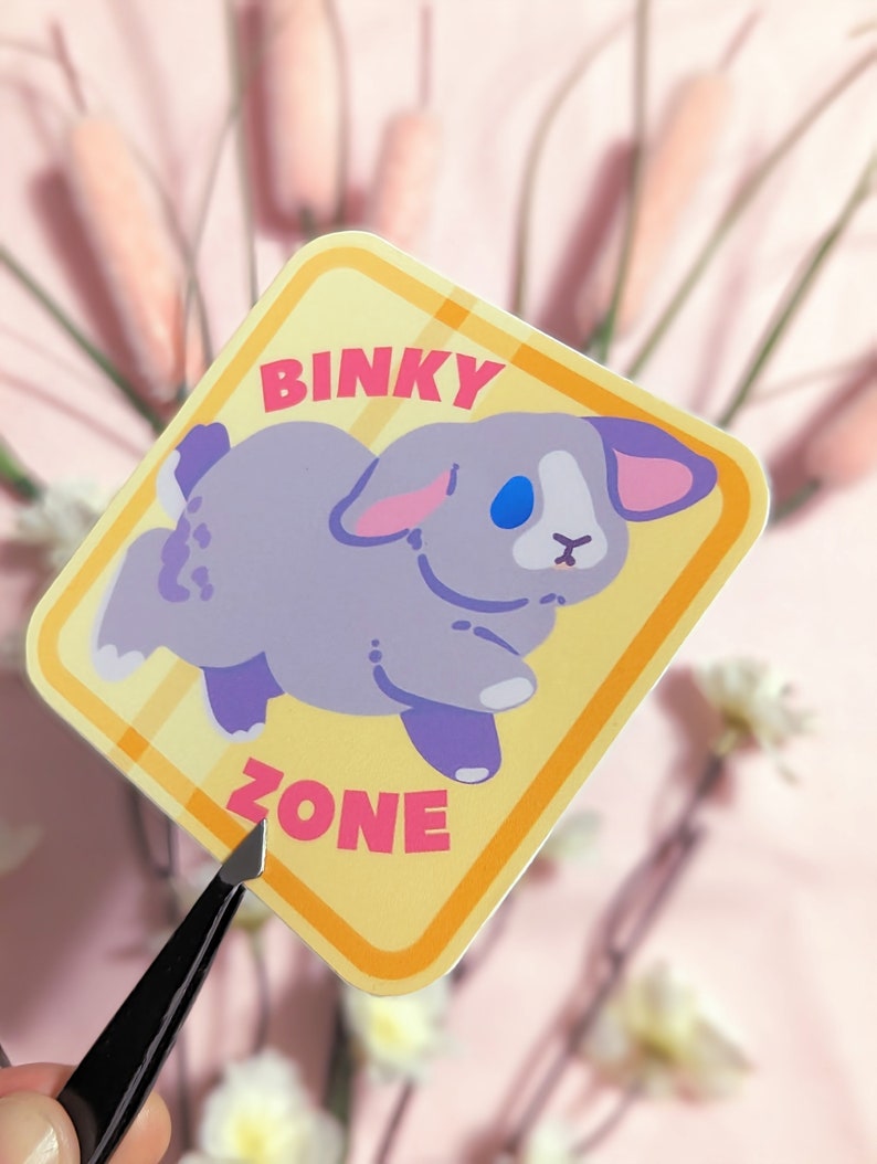 May include: A yellow and orange square sticker with a cartoon bunny rabbit. The sticker says "BINKY ZONE" in pink letters.
