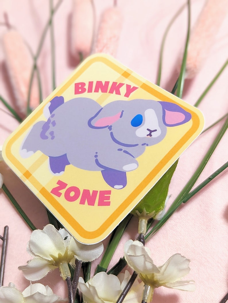 May include: A yellow and orange sticker with a gray rabbit and the text "BINKY ZONE" in pink letters.