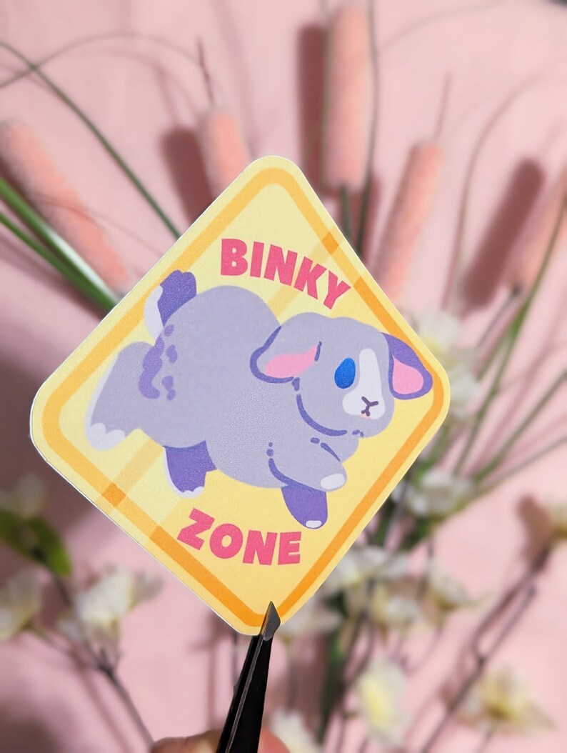 May include: A yellow diamond-shaped sticker with a cartoon bunny rabbit in the center. The sticker says "Binky Zone" in pink and white letters.